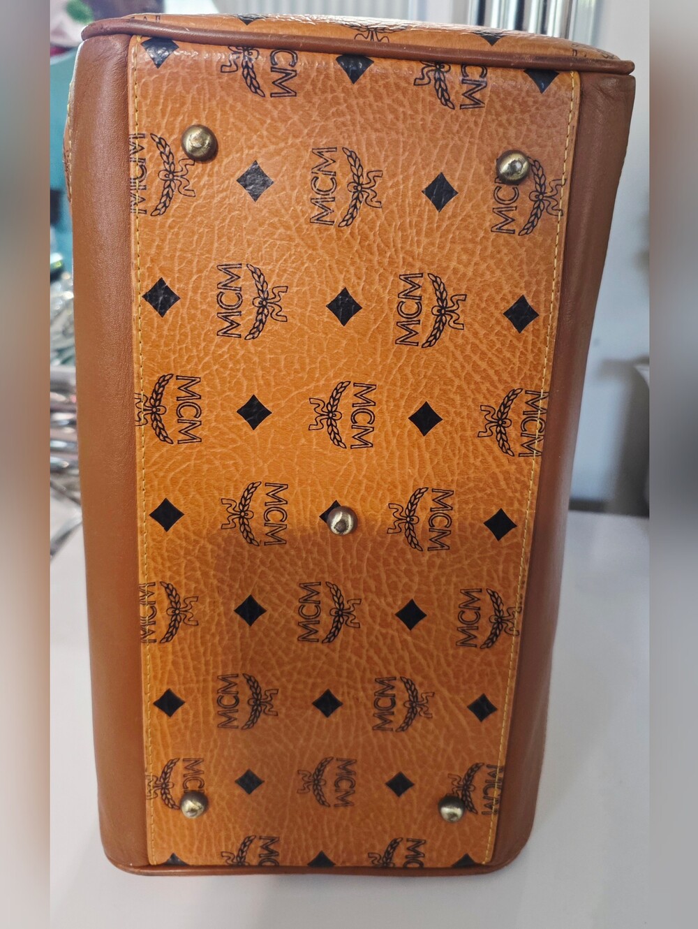 Authentic MCM Cognac Visetos Boston Tote Bag - Picture 5 of 9